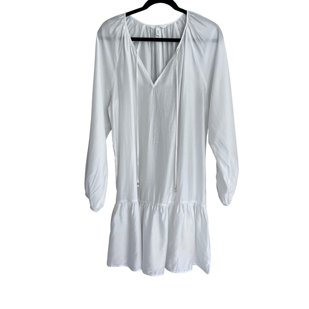 H&M White V-Neck Drop Waist Ruffle Tunic Dress Womens Large Long Sleeve